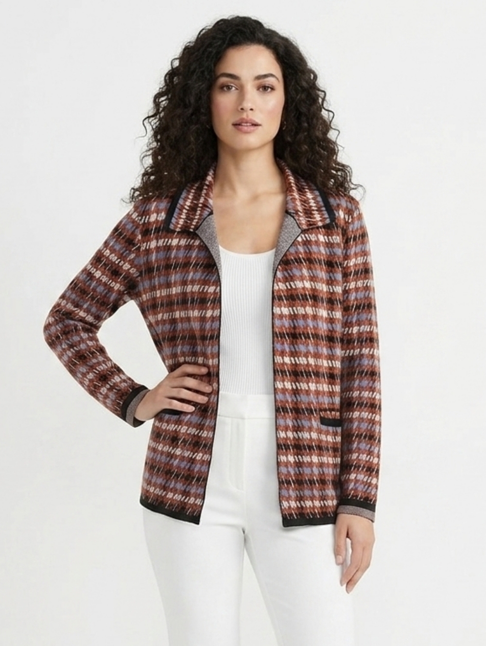 Tahari Soft Knit Houndstooth Open Cardigan Blazer Stretch